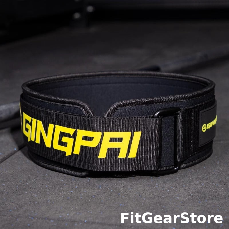 Black weightlifting belt with yellow 'GINGPAI' branding on a dark background | FitGearStore
