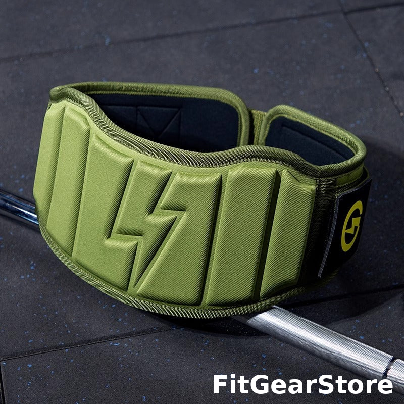 Green weightlifting belt on a dark floor with 'FitGearStore' branding.
