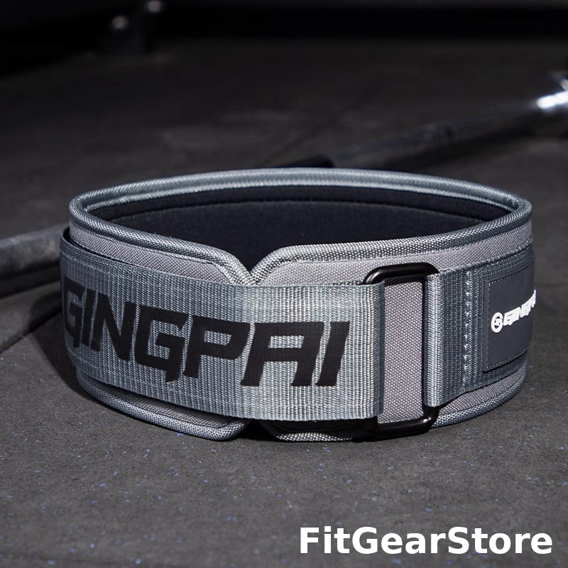Gray weightlifting belt with 'GINGPAI' branding on a dark background | FitGearStore