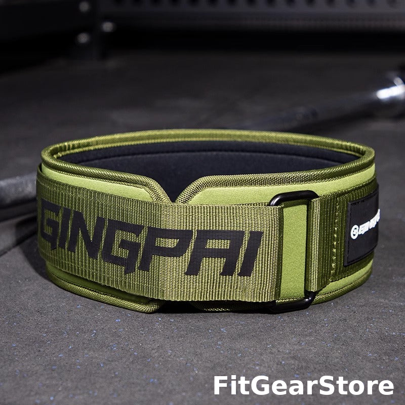 Green weightlifting belt with 'EINGPAI' branding on a gray surface, featuring 'FitGearStore' text.