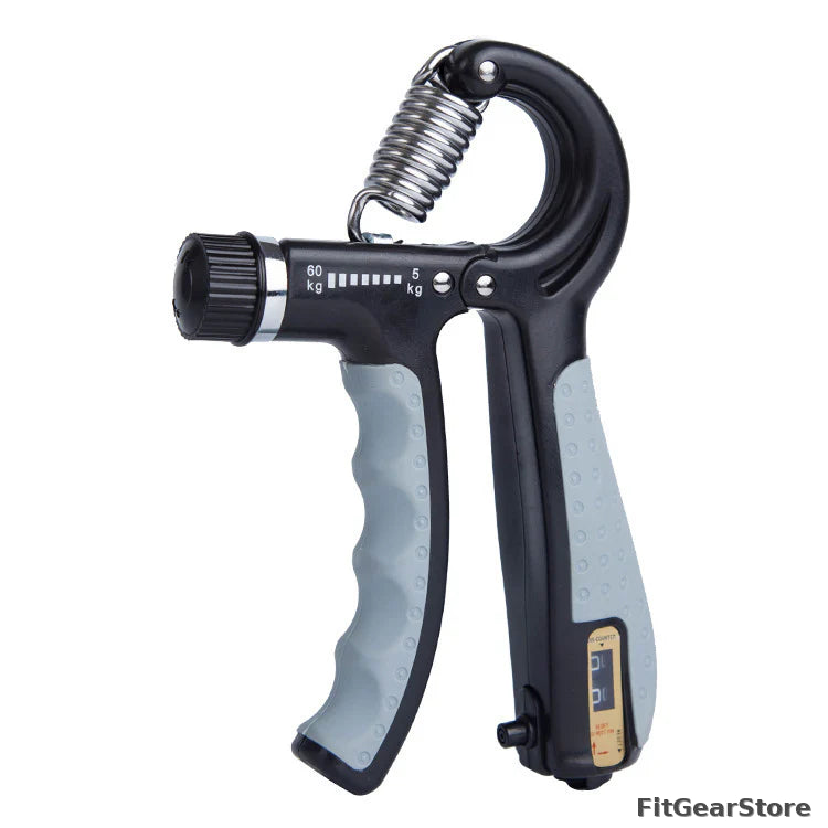 Hand grip strengthener with digital display on a white background