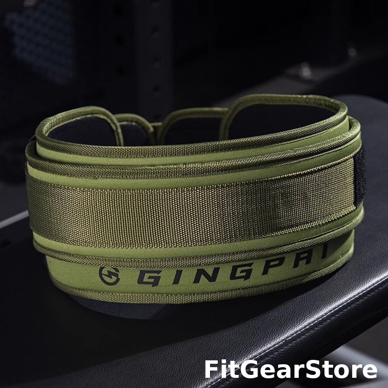 Green weightlifting belt with 'GINGPAI' branding on a dark background | FitGearStore