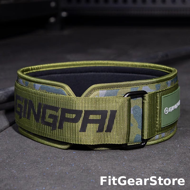 Green weightlifting belt with brand logo on a dark background | FitGearStore