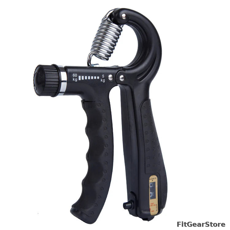 Black hand grip strengthener with digital display on a white background