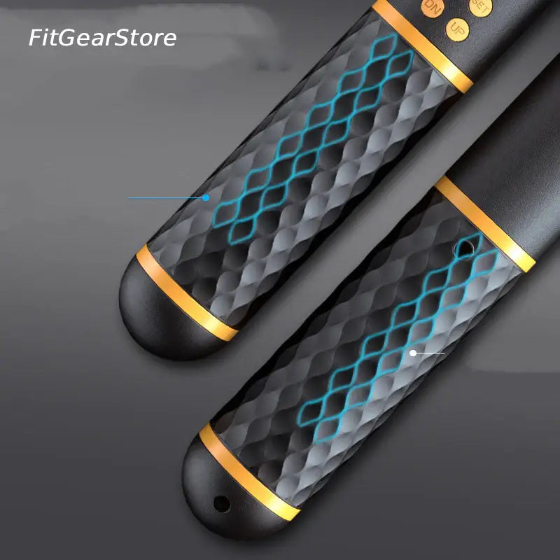 Black and gray textured jump rope with gold accents on a dark background, featuring 'FitGearStore' branding.
