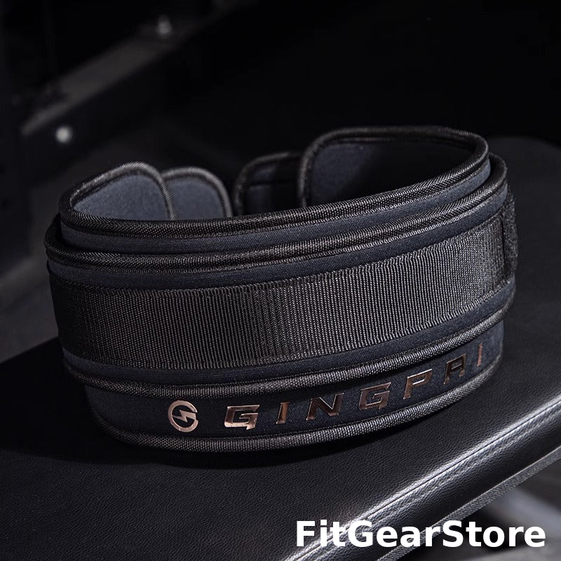 Black weightlifting belt with 'GINGERI' branding on a dark background | FitGearStore