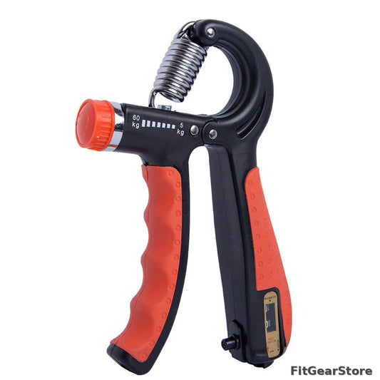 Hand grip strengthener with red handles and digital display on a white background